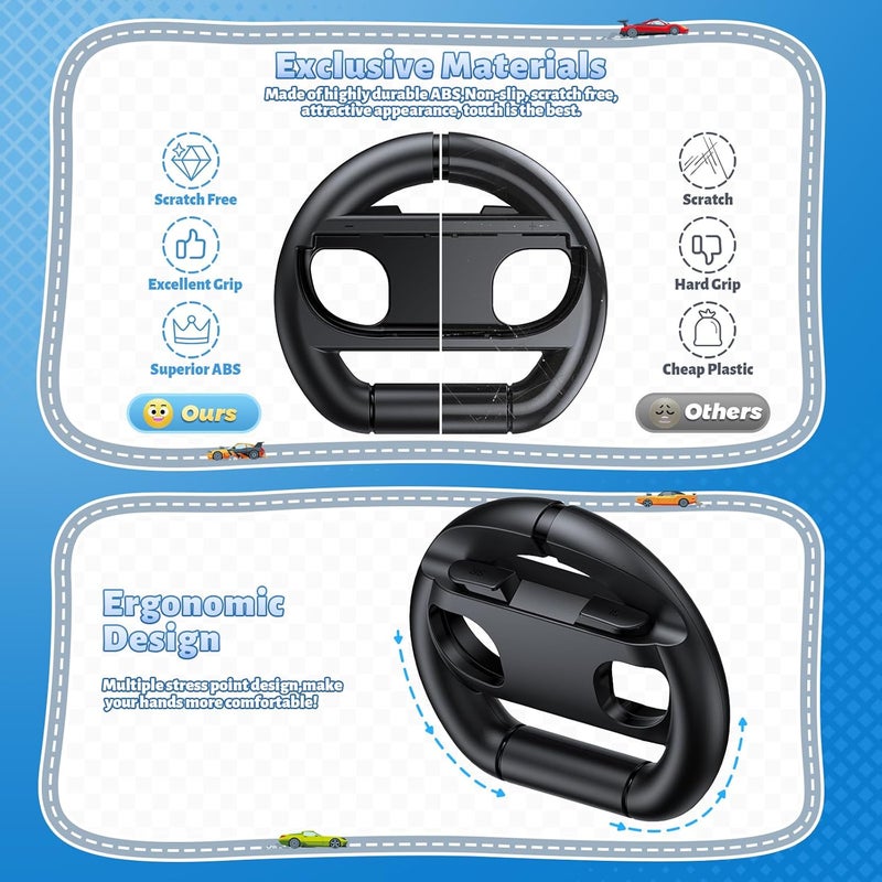 FASTSNAIL [Switch 1/2 Compatible] Steering Wheels for Nintendo Switch 2/1/OLED for Joy-Con 2, Racing Wheels for Mario Kart World/8 Deluxe Gaming, Universal Joypad Wheels 2 Pack (Black,Black) - Image 3
